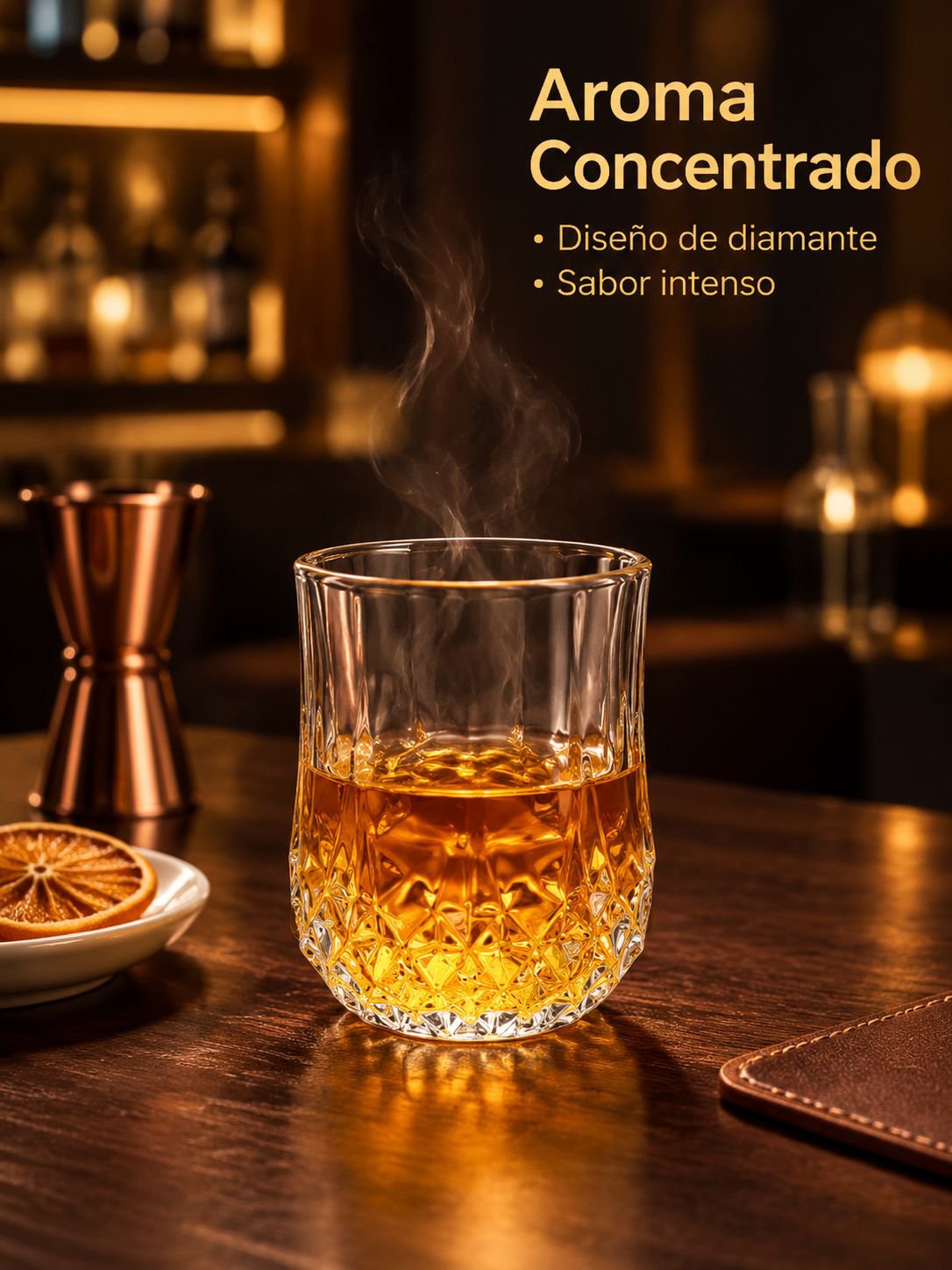 Vista frontal de un vaso de vidrio para whisky con patrón de diamante