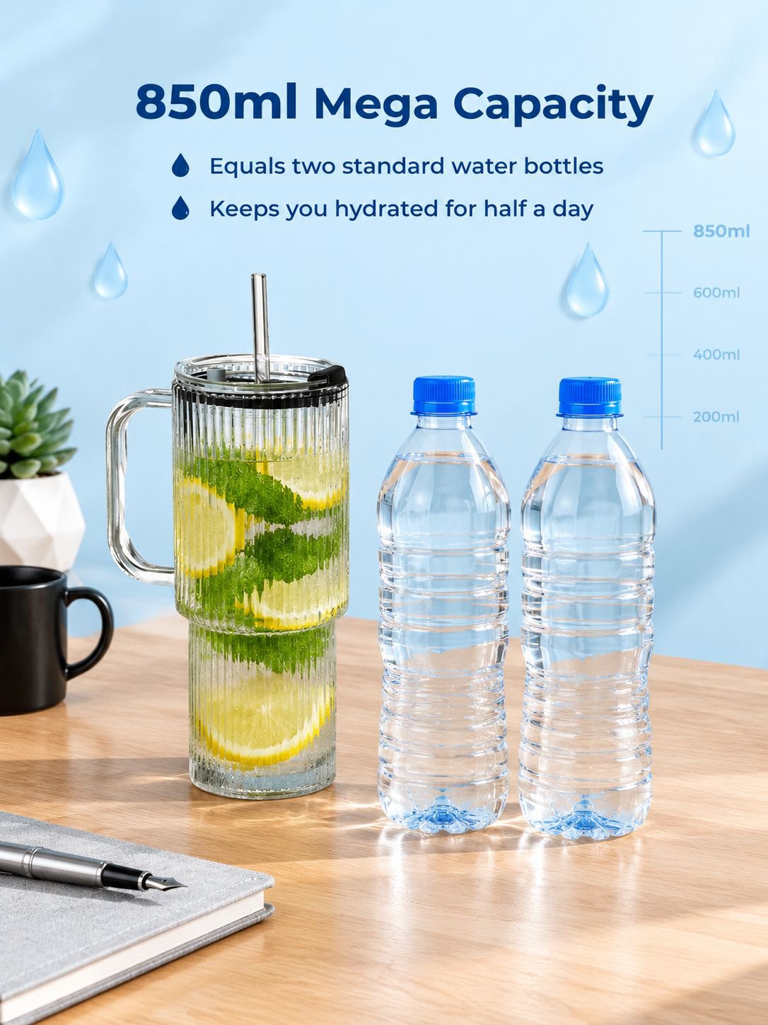 Clear glass tumbler with reusable straw and easy-grip handle