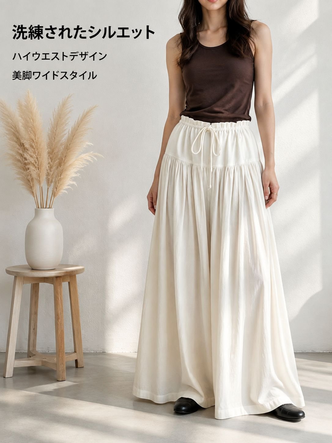 ハイウエストワイド切替ロングスカートパンツ ゆったりスリム効果