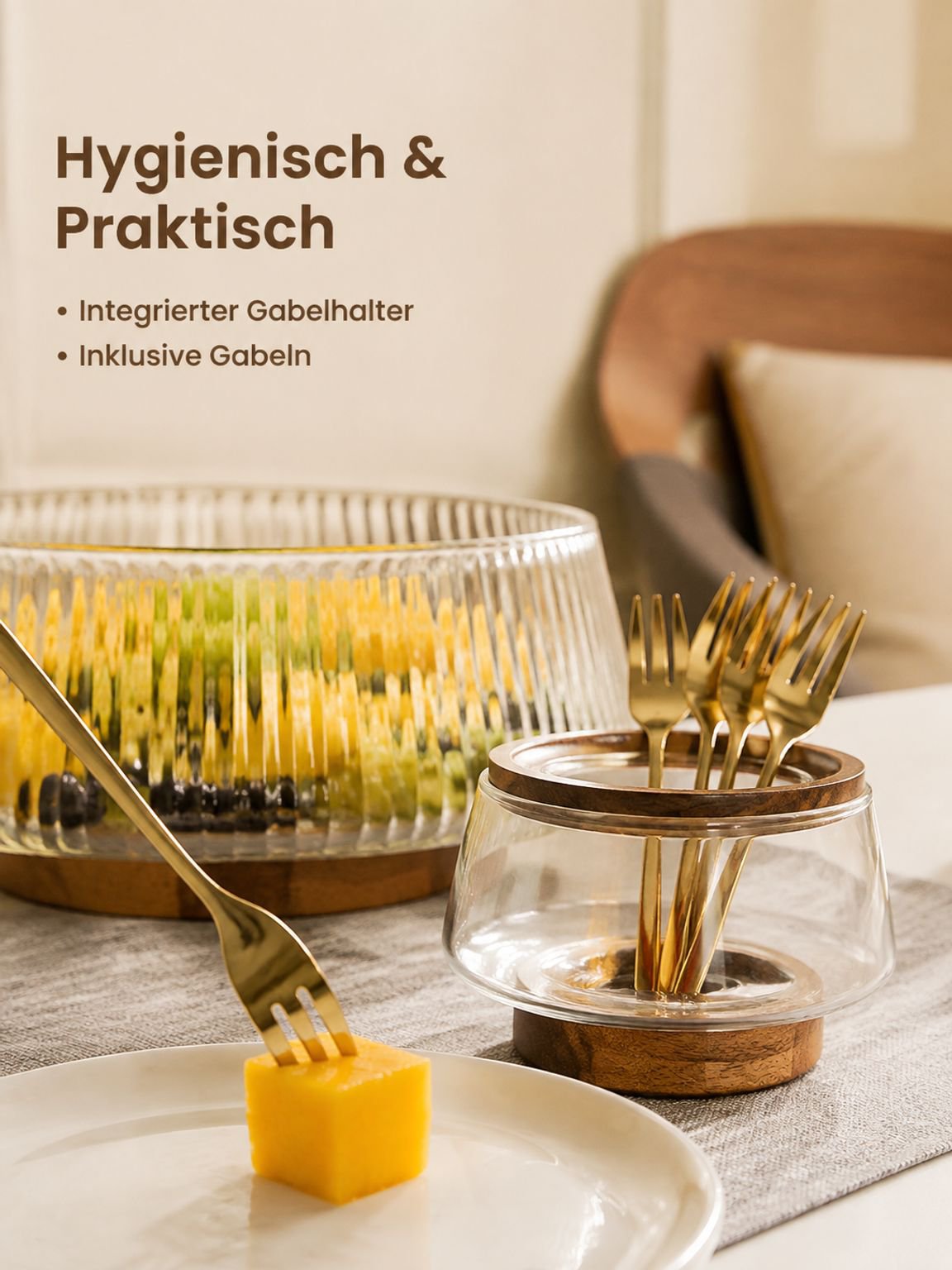 Obstplatte mit Gabeln, Obstplatte aus Glas, gestreifte transparente Obstbox, Obstplatte für das Wohn