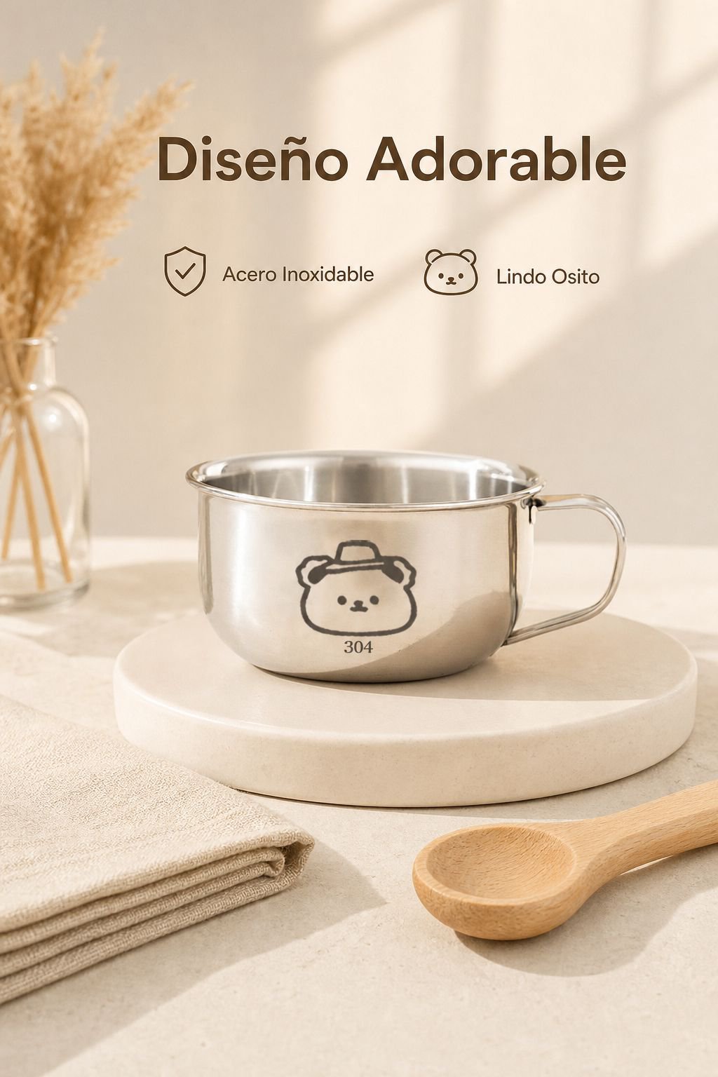 Vaso infantil de acero inoxidable con asa y protección contra quemaduras