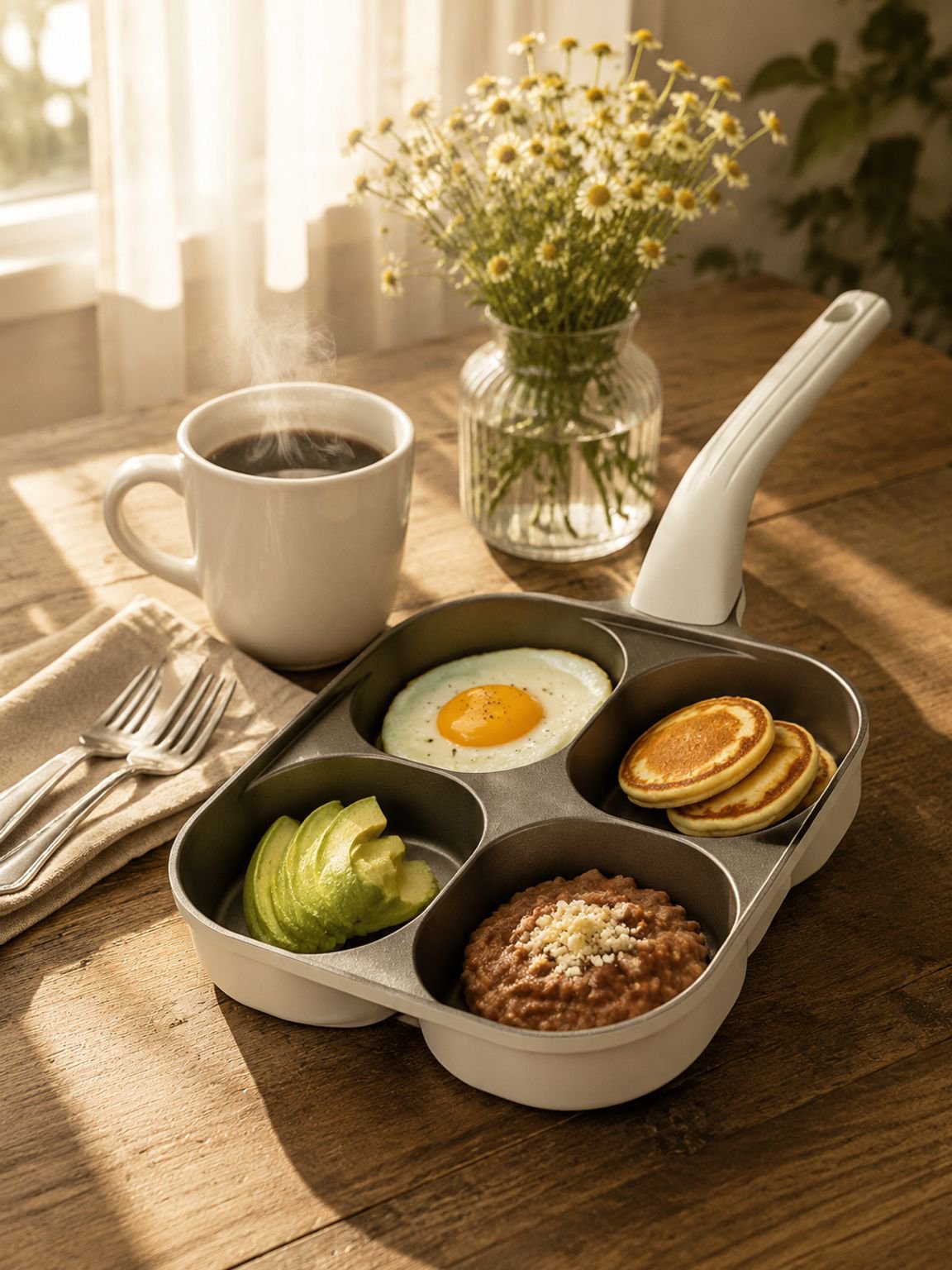 Detalle de las cuatro divisiones de la sartén para desayuno