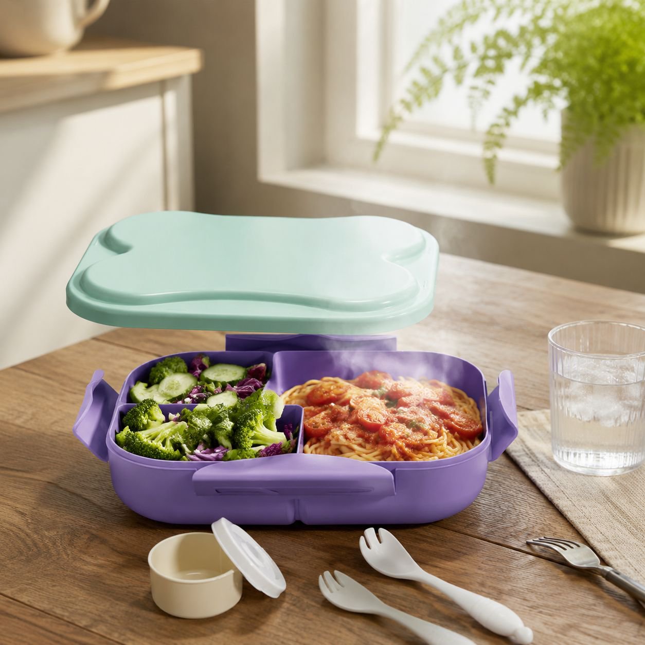 Multi-compartment sealed bento box for microwave heating