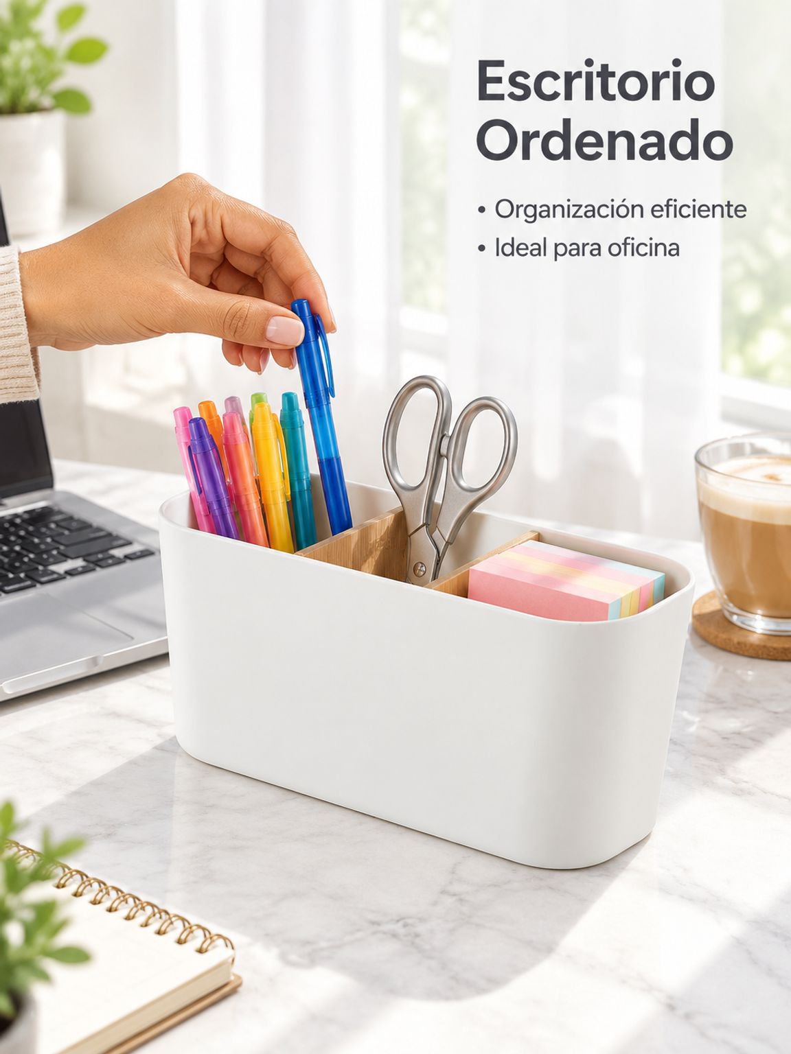 Caja organizadora de escritorio de bambú y madera con compartimentos desmontables