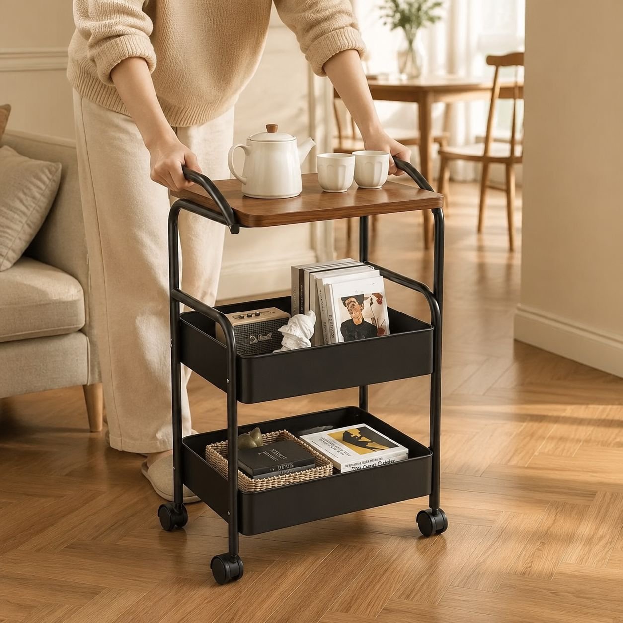 Multi-purpose cart holding cleaning supplies