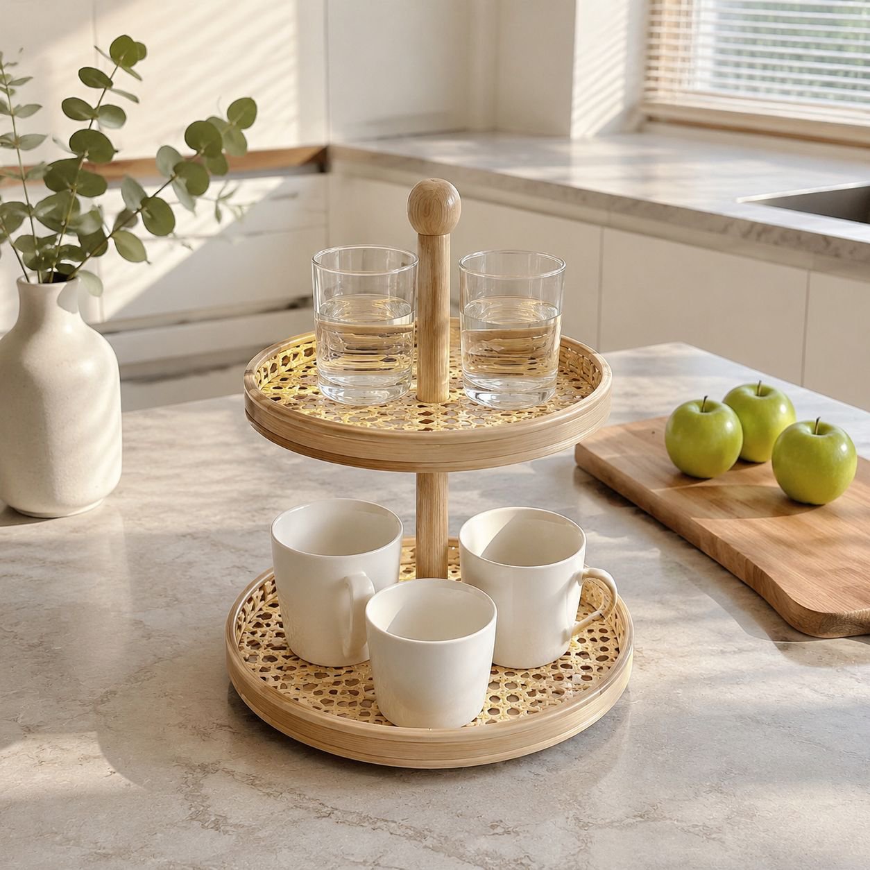 Rattan-Tassenhalter für den Tisch, zweistöckiges Küchenregal