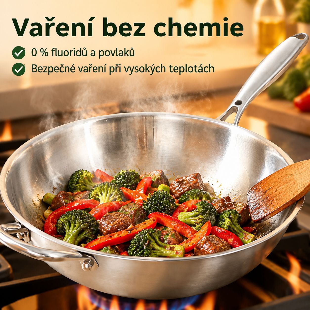 Zesílená pánev Wok z nerezové oceli 316 bez povrchové úpravy, pro indukci a plyn