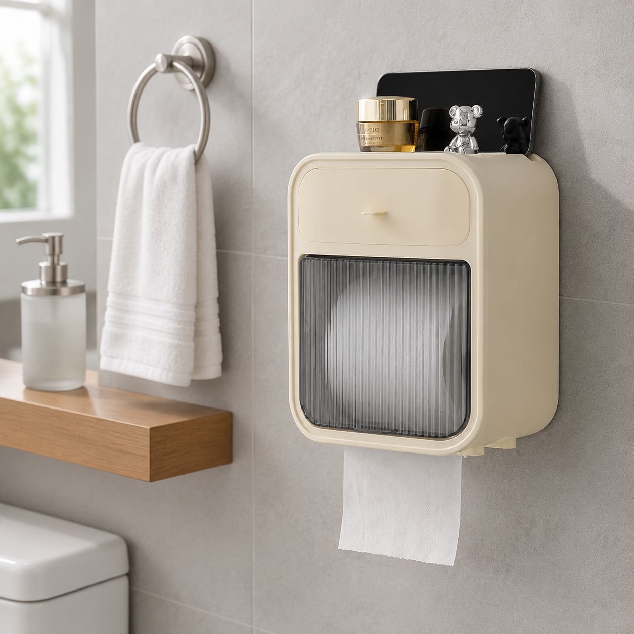 No-drill wall mounted toilet paper holder in modern bathroom