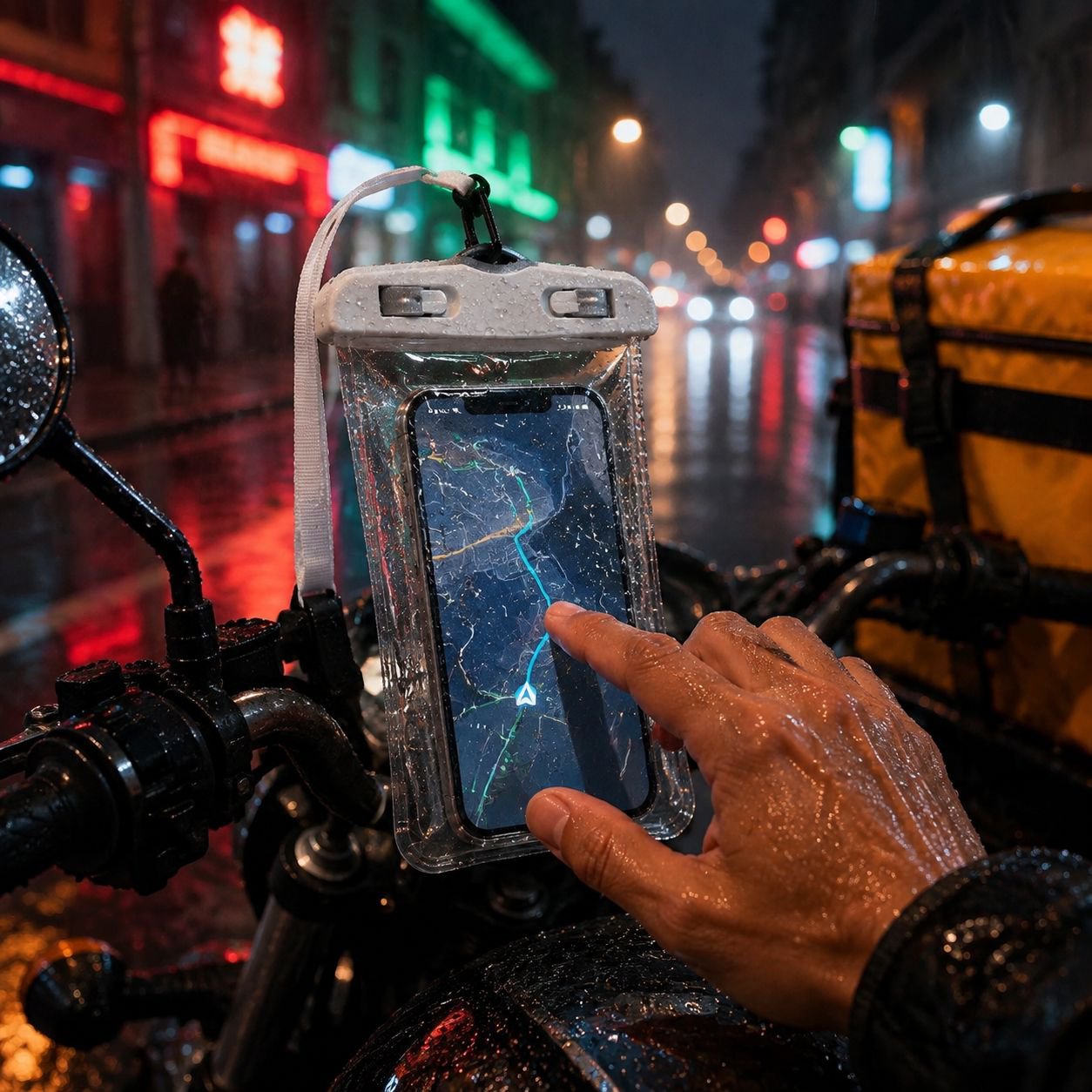 Funda inflable impermeable para repartidores en uso durante la lluvia