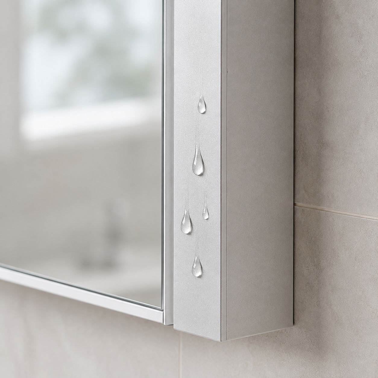 Sleek wall mounted aluminum mirror cabinet in modern bathroom