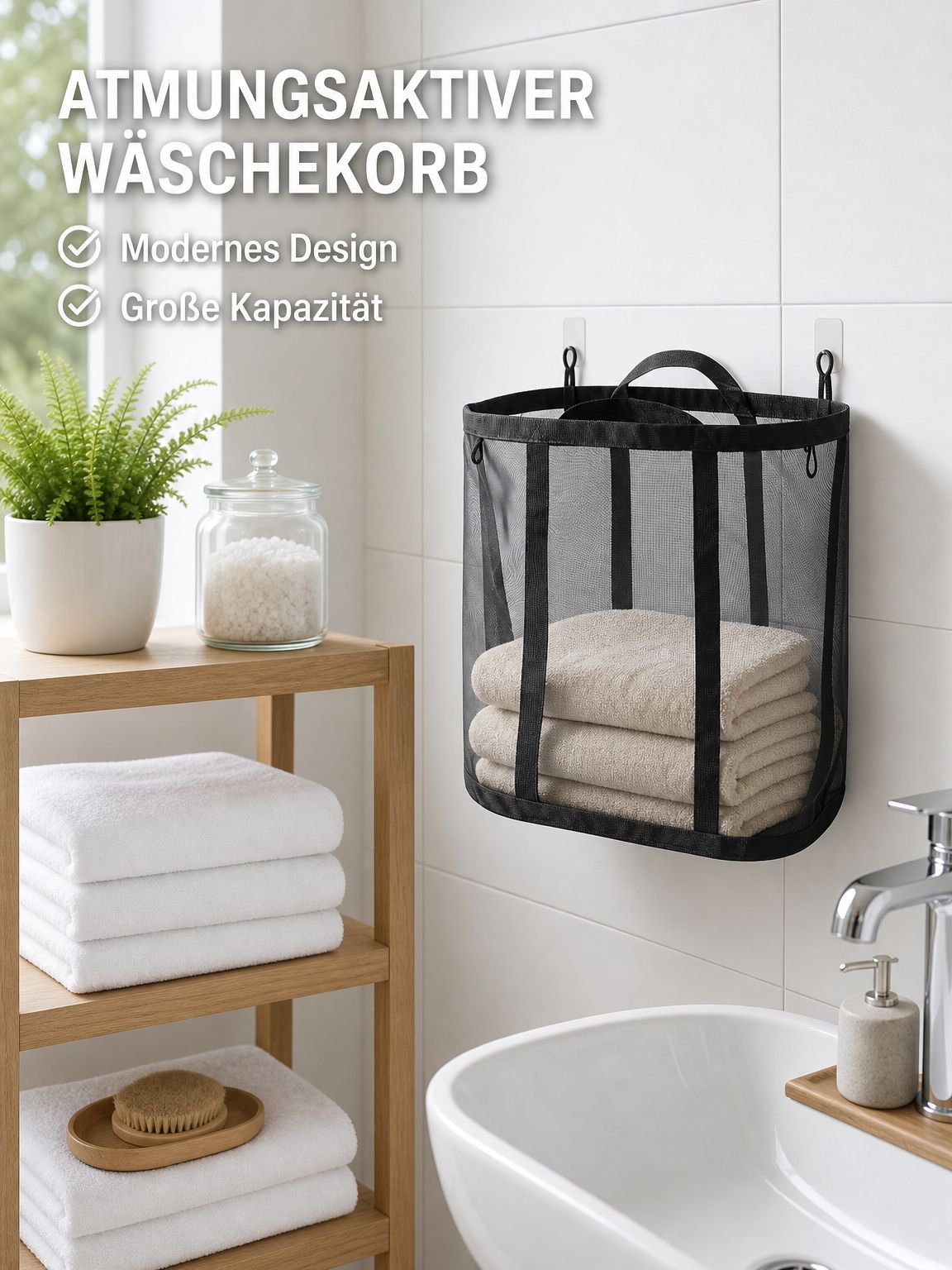 Großer Wäschekorb aus Netzstoff, faltbar und tragbar, zum Aufhängen im Badezimmer