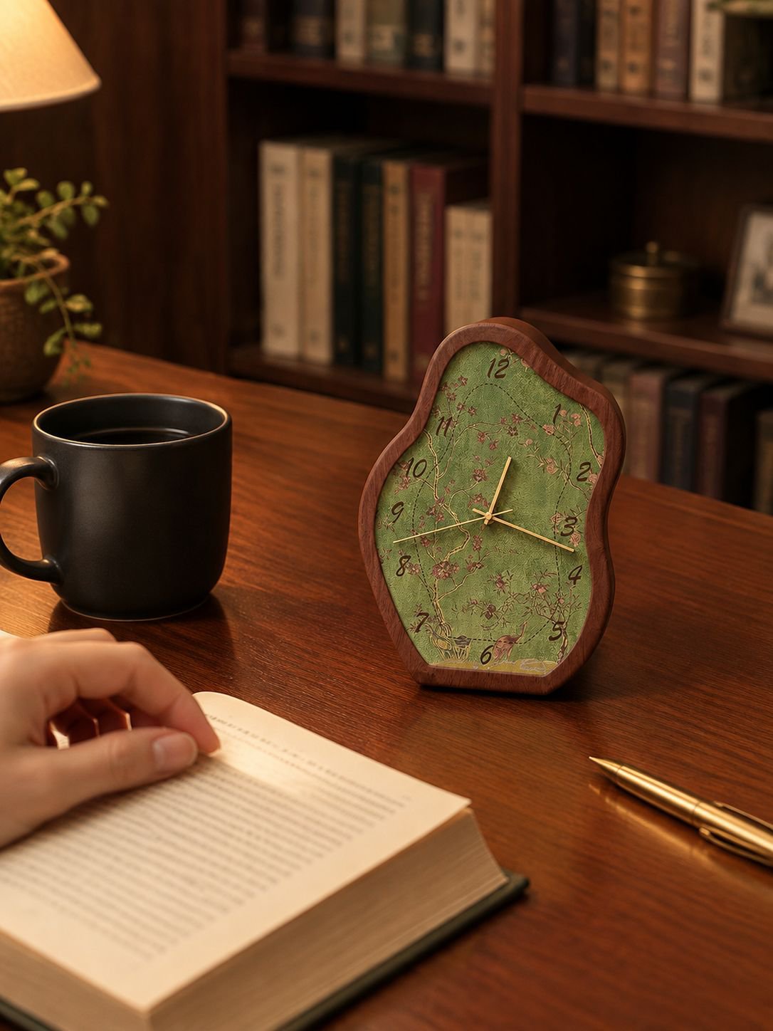 Reloj de mesa decorativo con paisaje verde