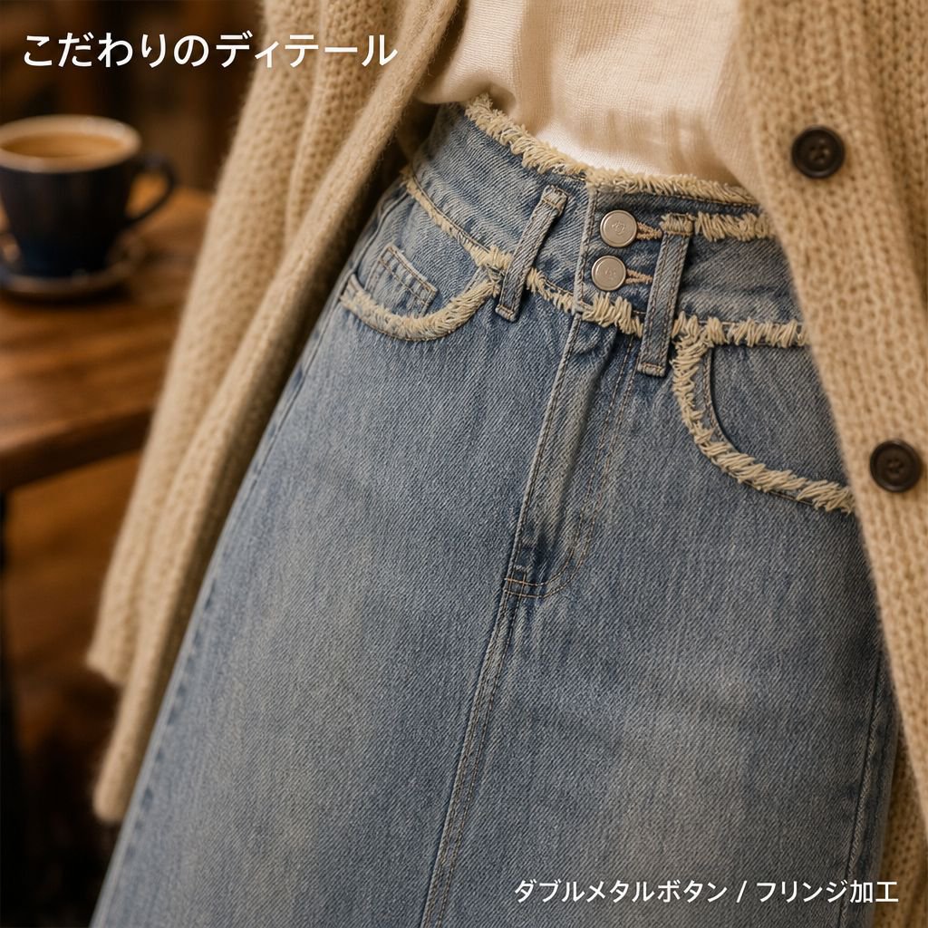 スリムに見せてくれる万能な黒のハイウエストデニムミディスカート