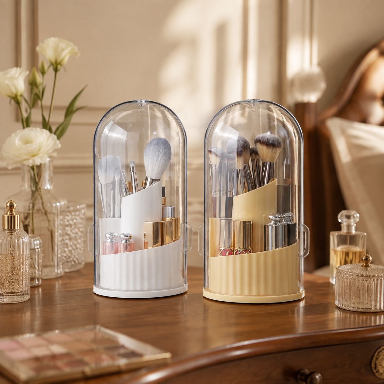 Space-saving rotating brush holder for cosmetics