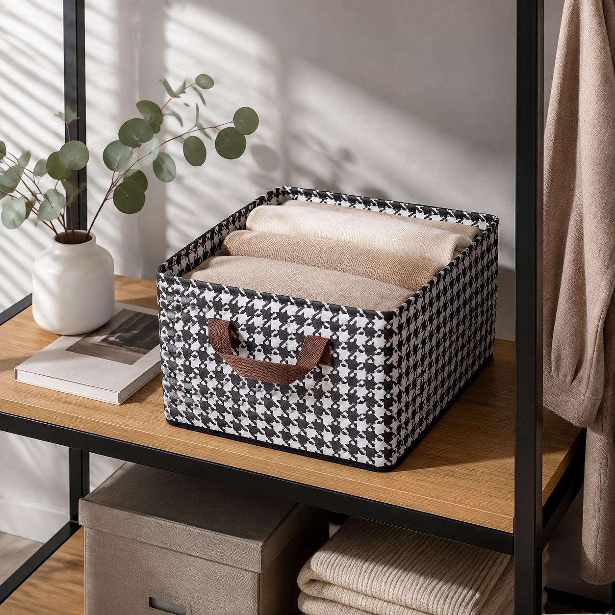 Foldable clothes and pants organizer box in wardrobe