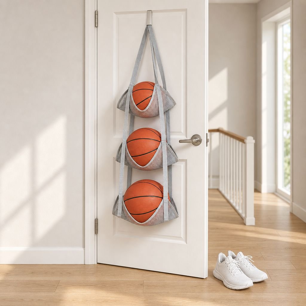 Multi-functional Ball Storage Hanging Bag Over-the-door Basketball Rack