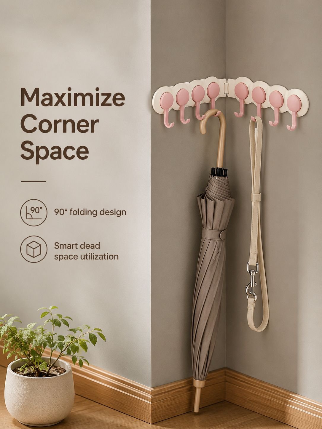 Space-saving cream corner wall hooks holding coats and hats