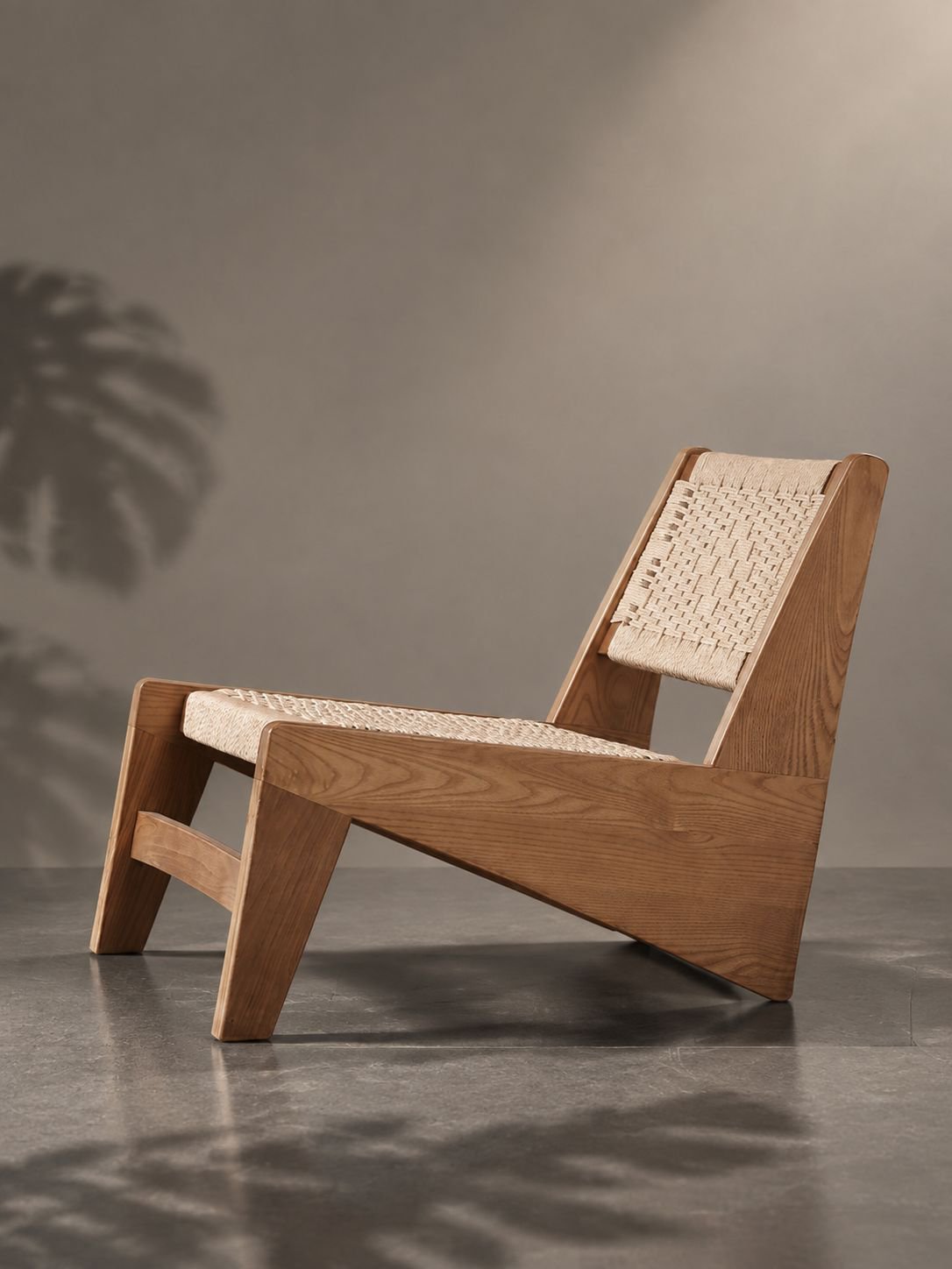 Massiver Holzsessel im Vintage-Wabi-Sabi-Stil mit geflochtener Sitzfläche