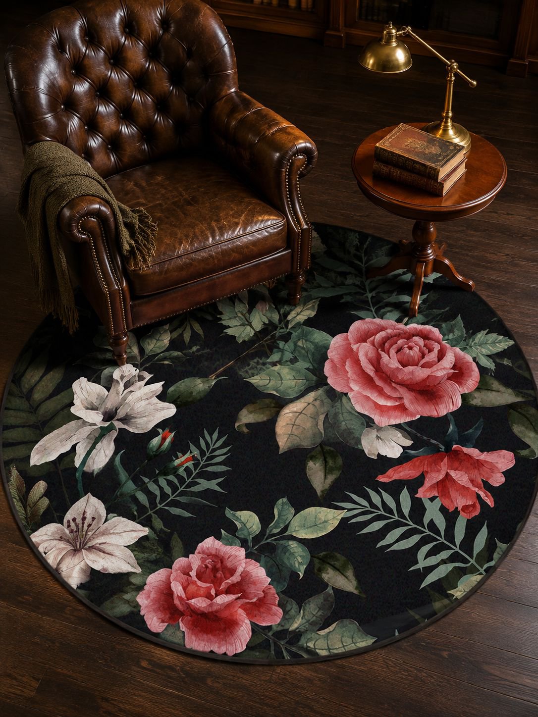 Round rug with floral rose pattern in country style living room