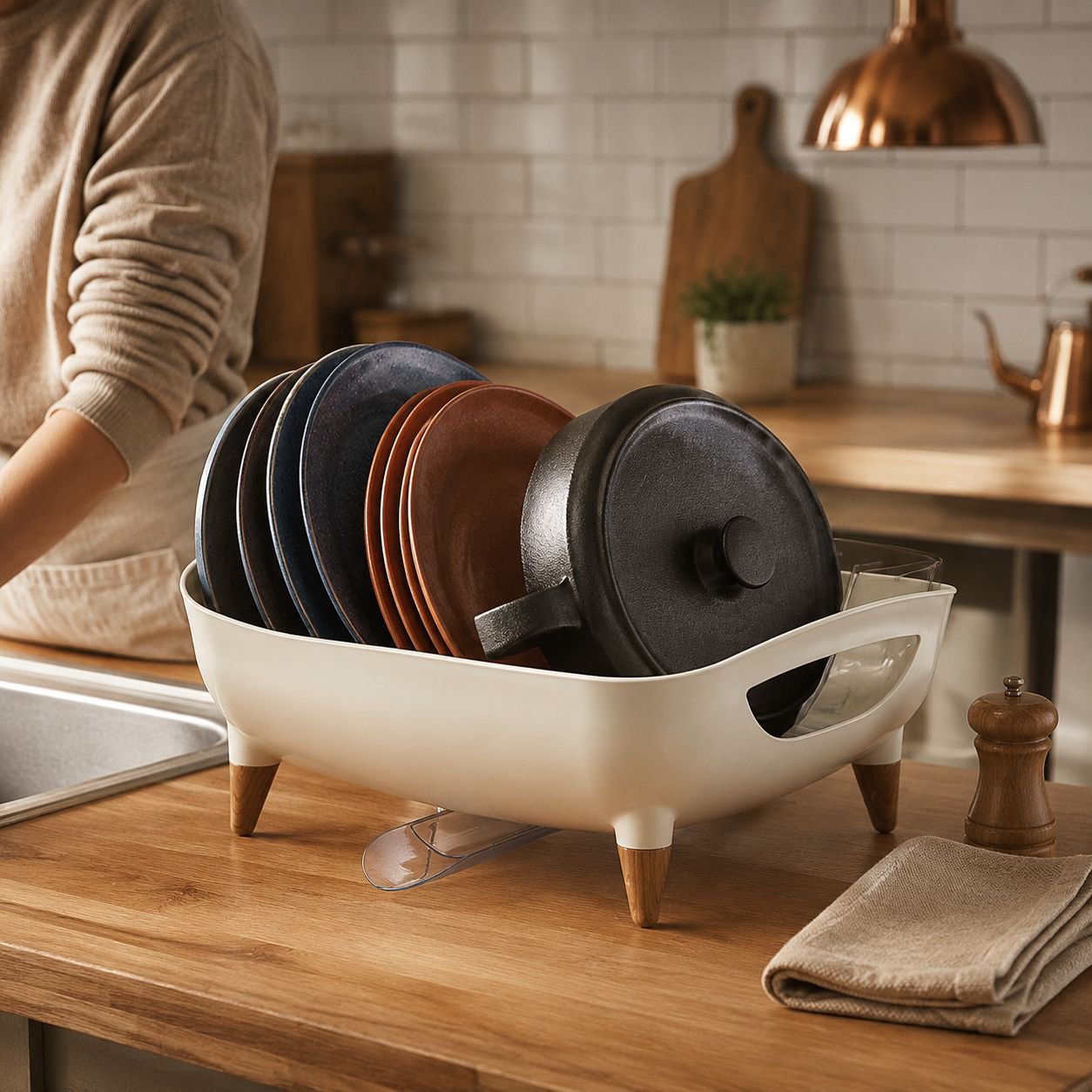 Modern kitchen with luxury drain rack in use