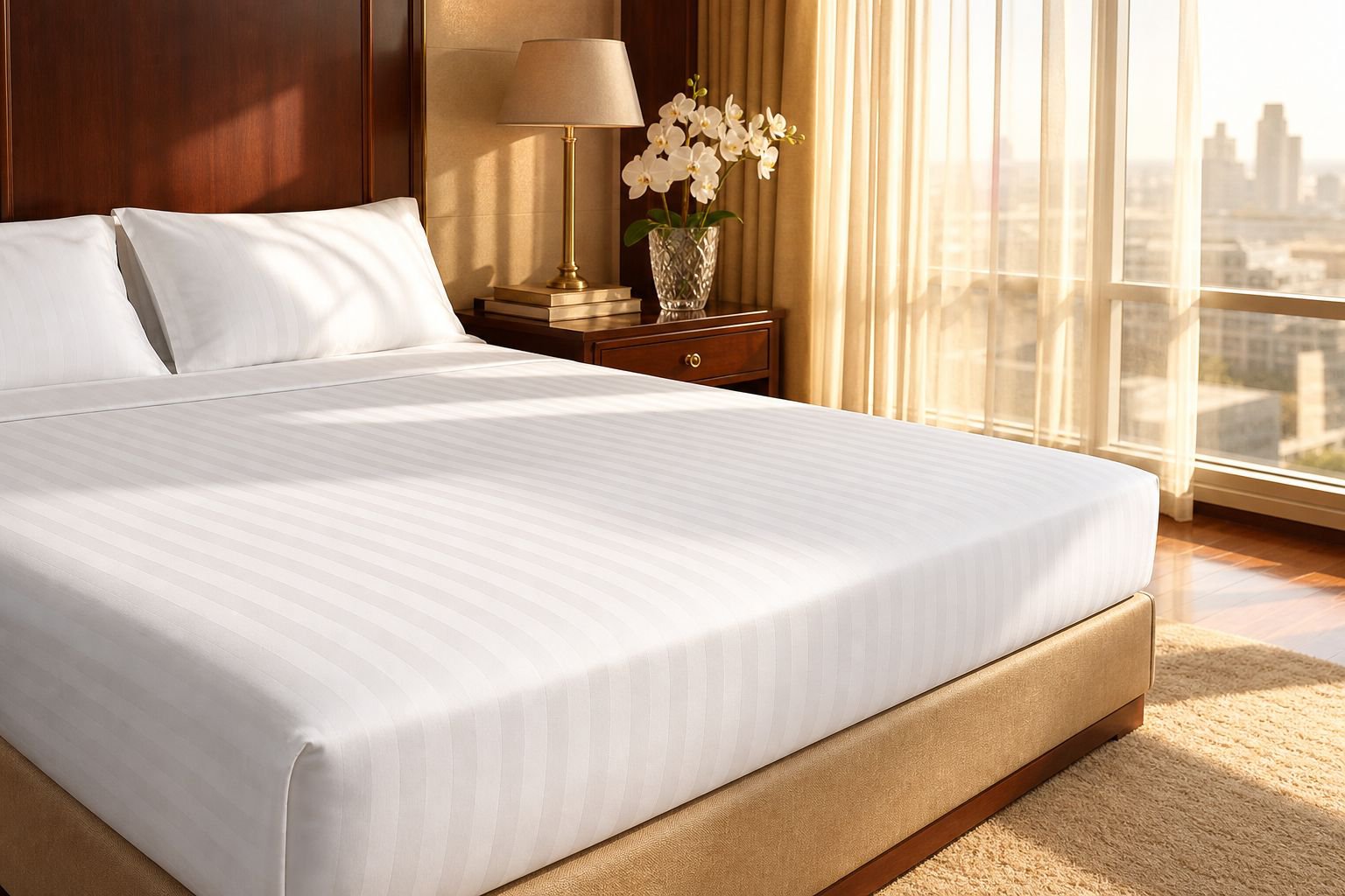 1800TC Satin Stripe White Flat Bed Sheet luxury hotel collection