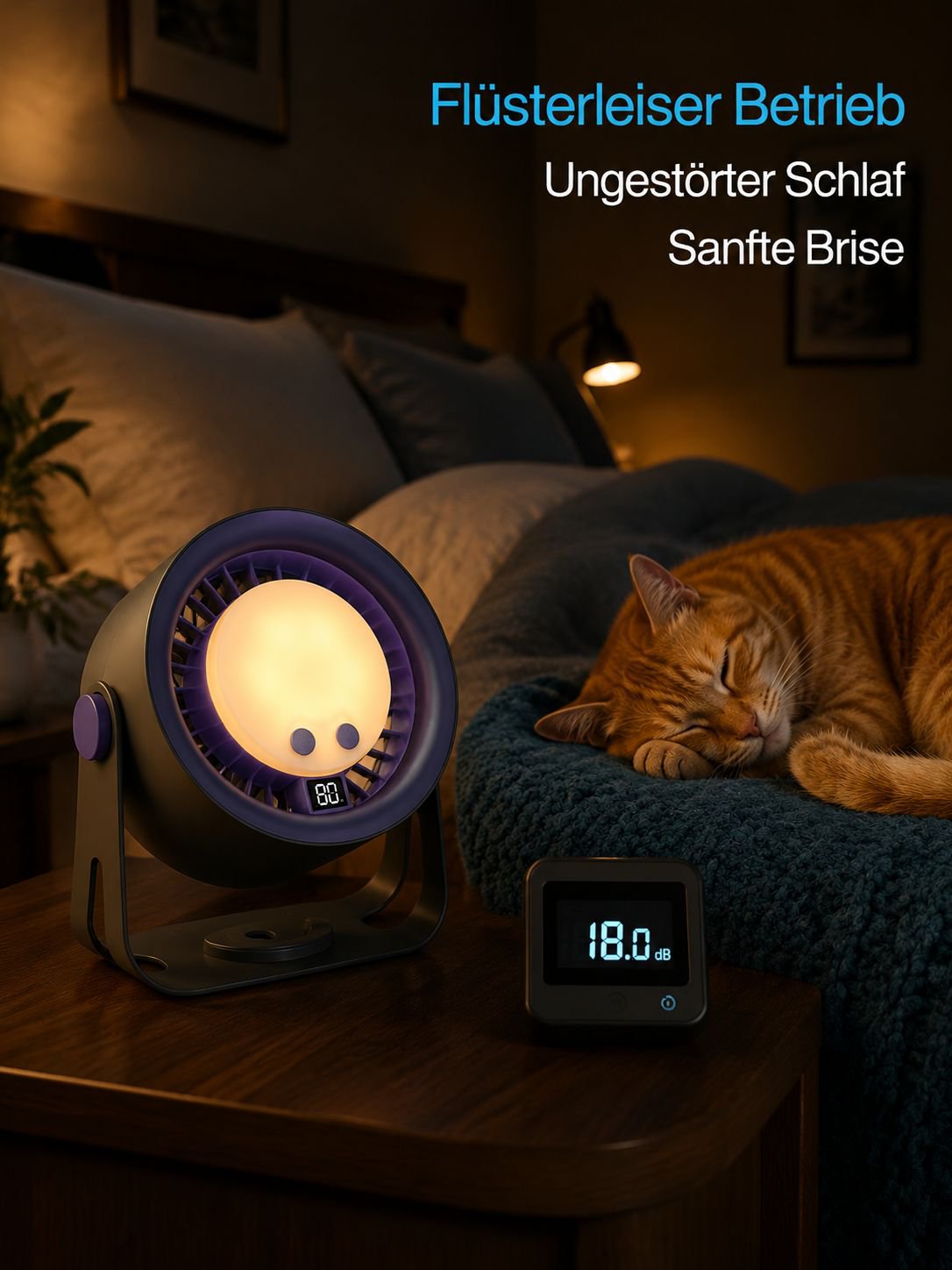Multifunktionaler USB-Tischventilator mit Nachtlicht auf Schreibtisch