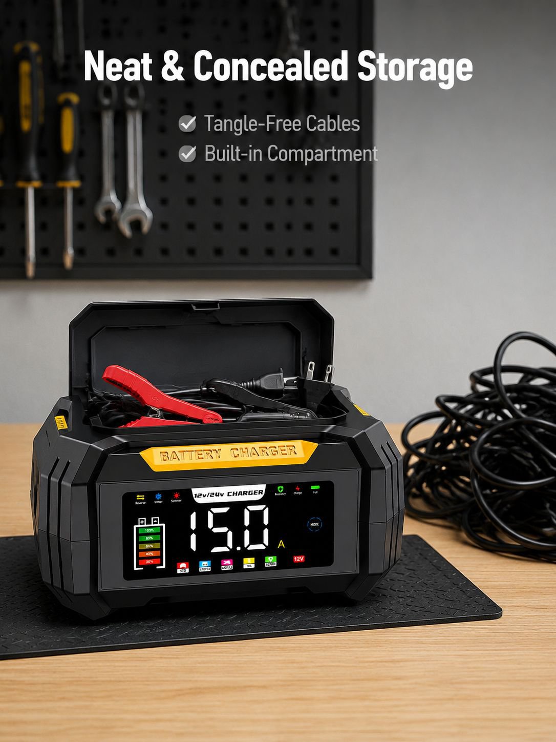 New portable 12V lead-acid/lithium iron phosphate universal car battery charger with concealed cable