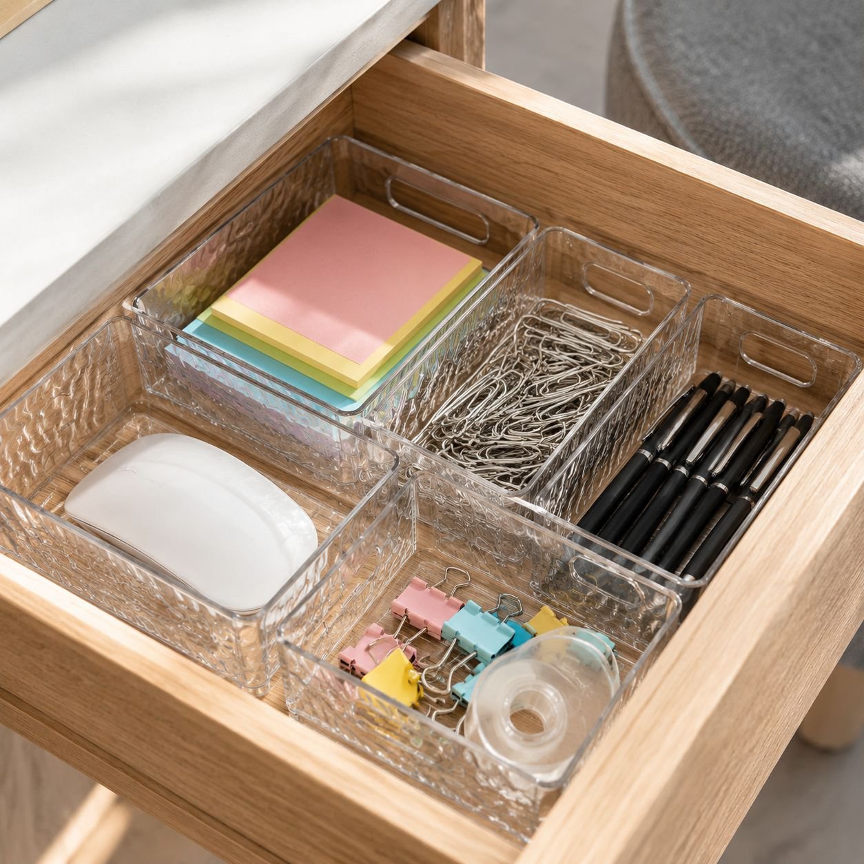 Close-up of durable plastic storage box compartments