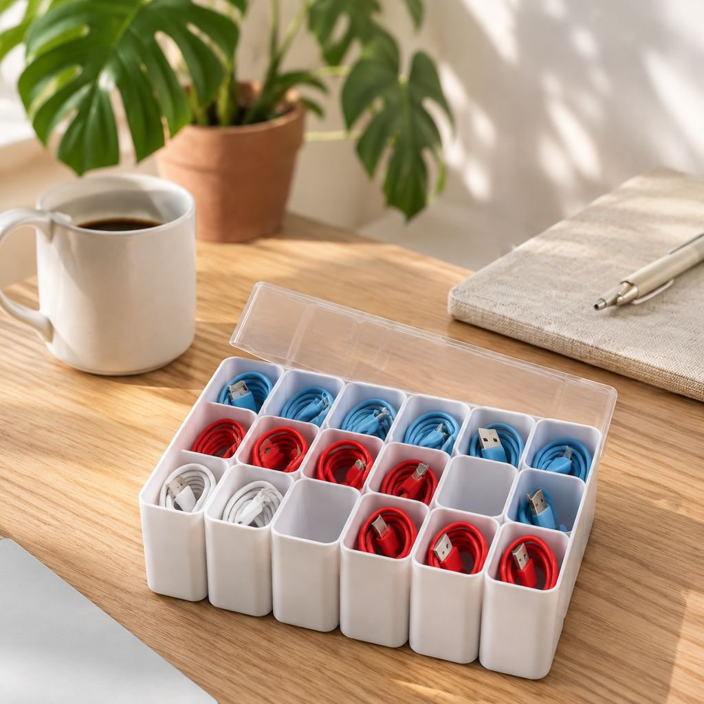 Data Cable Organizer Desktop Cable Organizer Charging Cable Box with Multiple Compartments