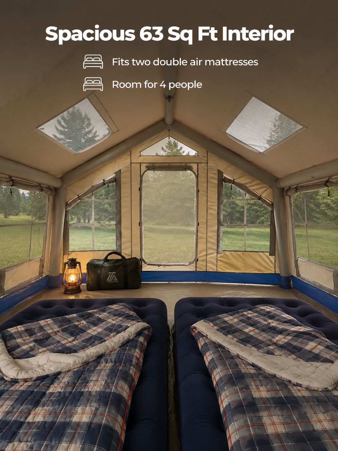 Spacious inflatable tent set up in a campsite