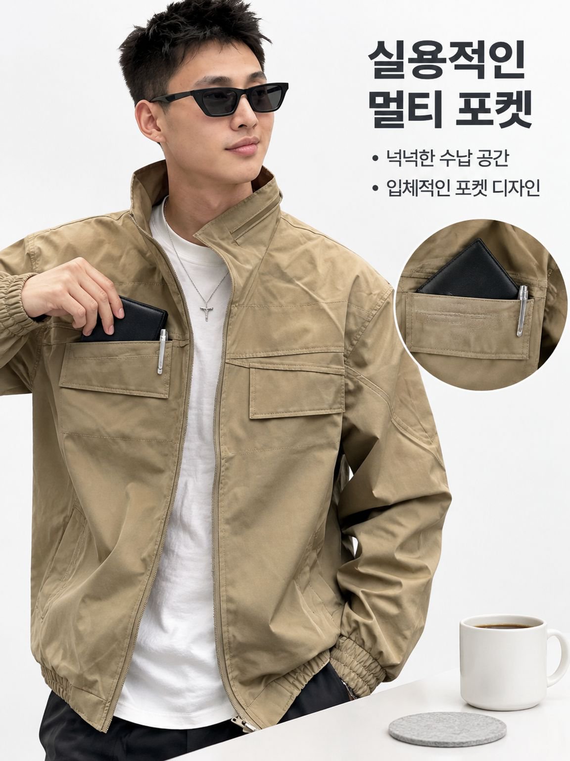 카키색 워크웨어 스탠드 칼라 배색 재킷