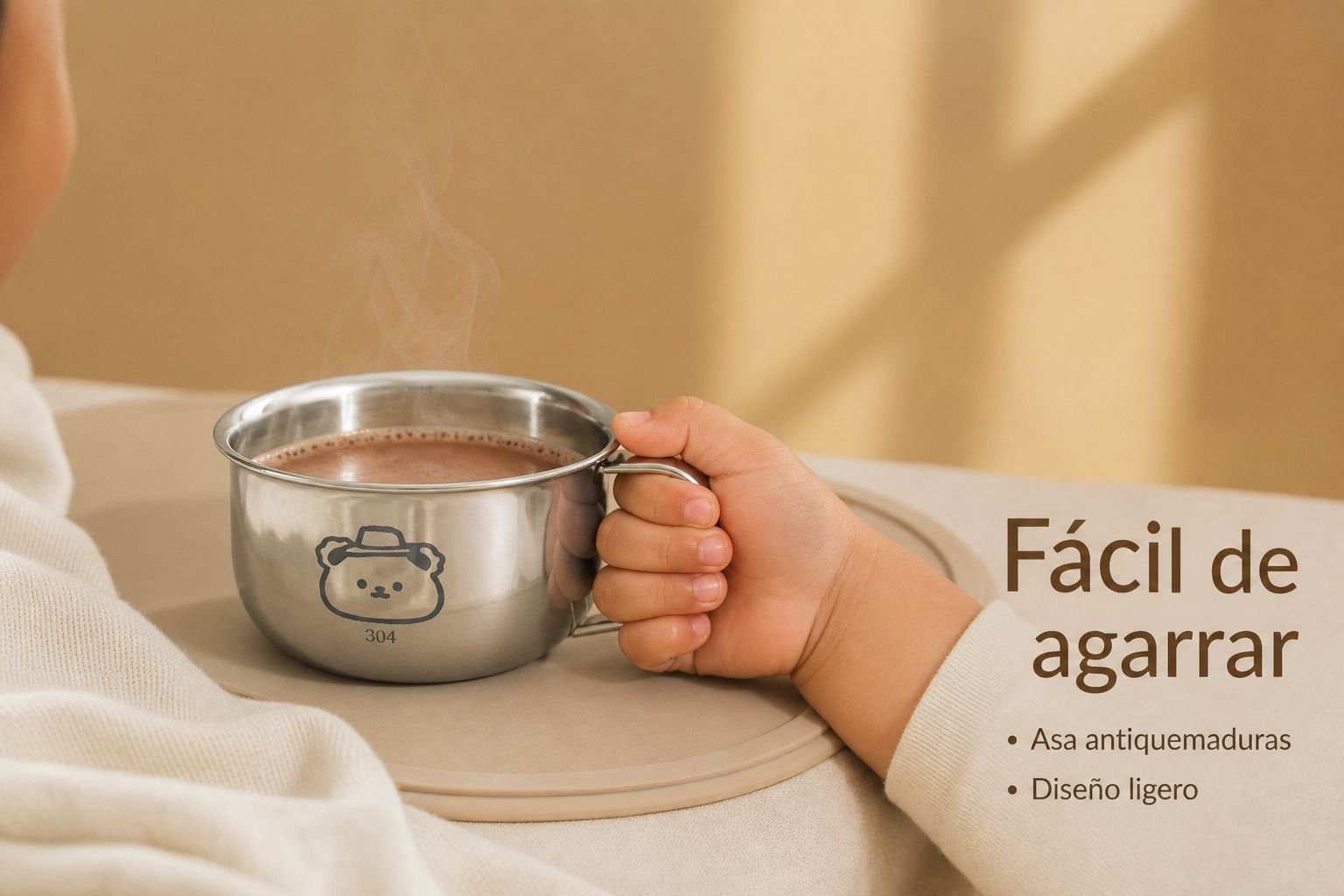 Vaso infantil con protección antideslizante y antiquemaduras