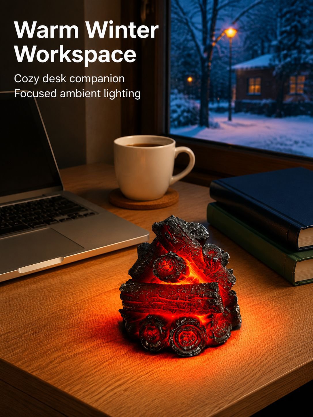 Resin Faux Charcoal LED Ambient Light, Charcoal Pile Design with Soft Flame Effect, Battery-Powered