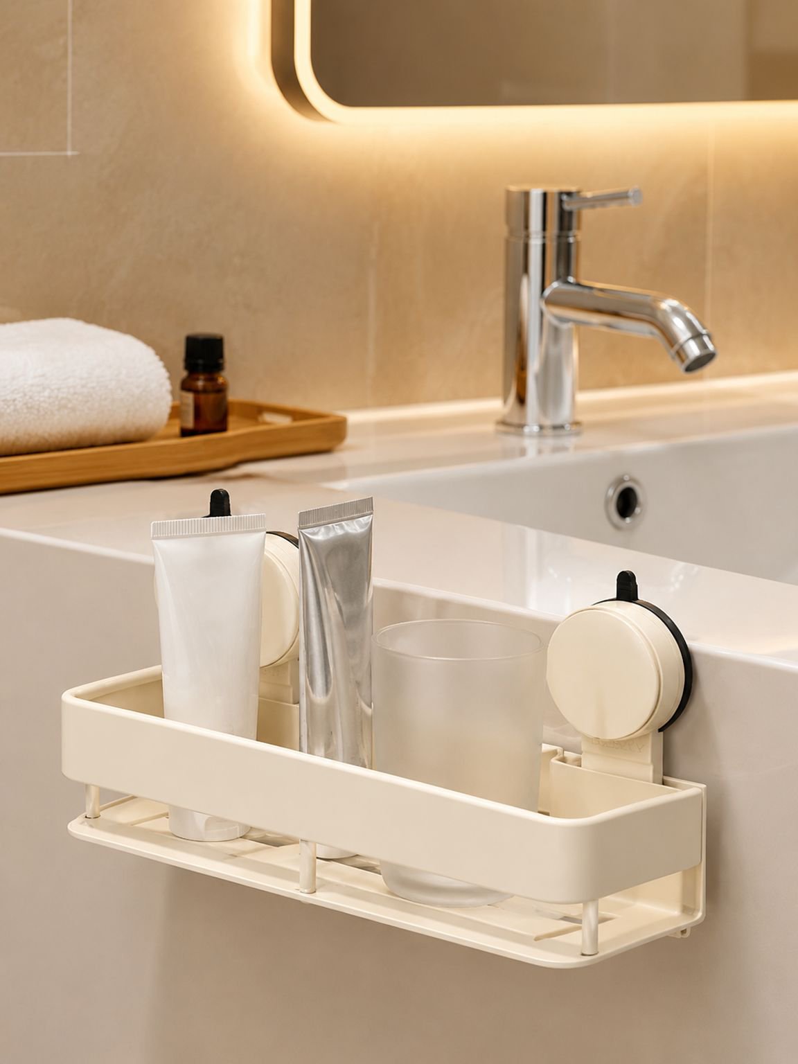 Badregal im Creme-Look mit Saugnäpfen, ohne Bohren, für Waschtisch und Balkon
