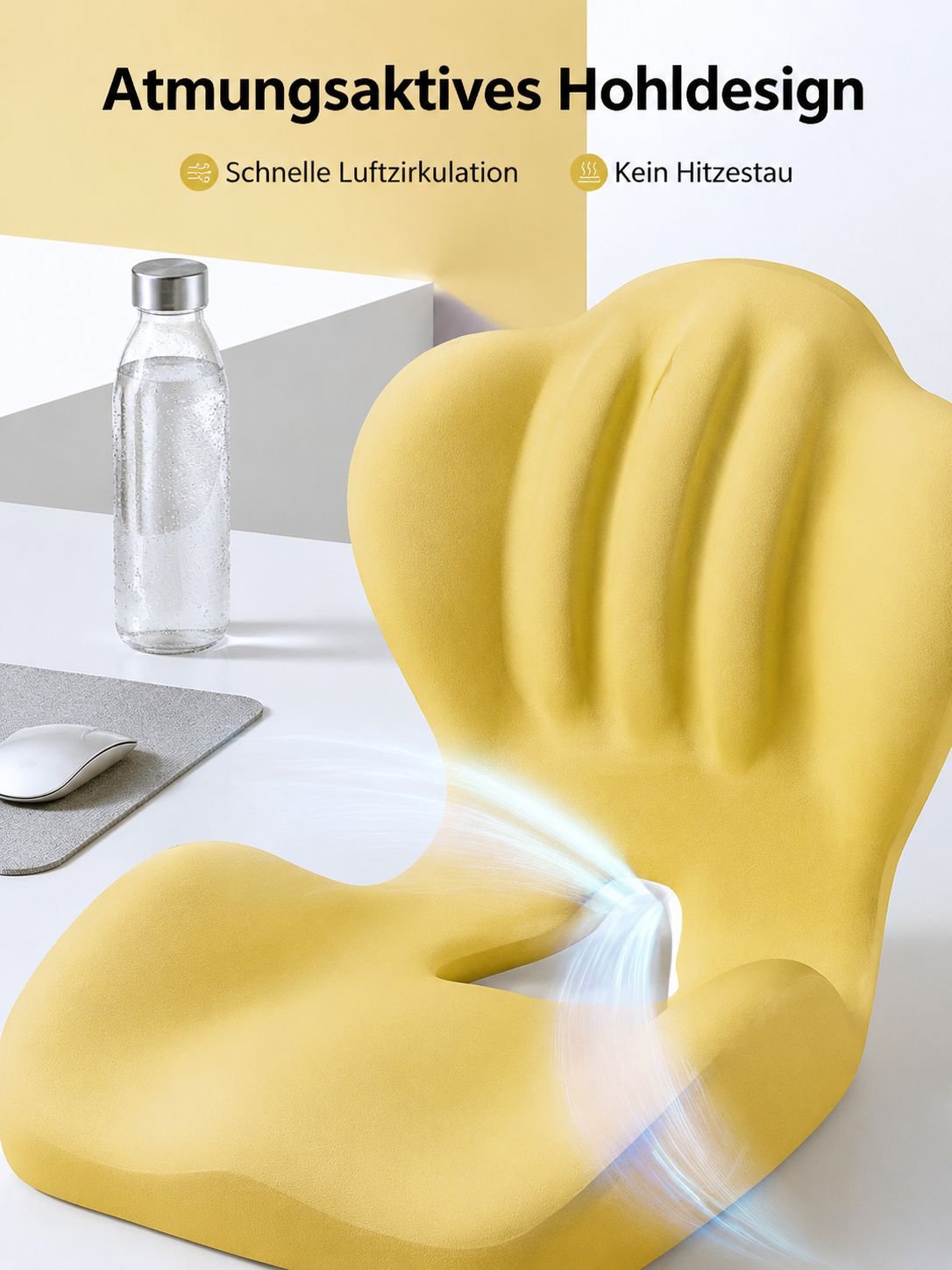 Rückenlehne und Sitzkissen aus einem Stück Memory-Schaum, atmungsaktiv, mit Lendenwirbelstütze.