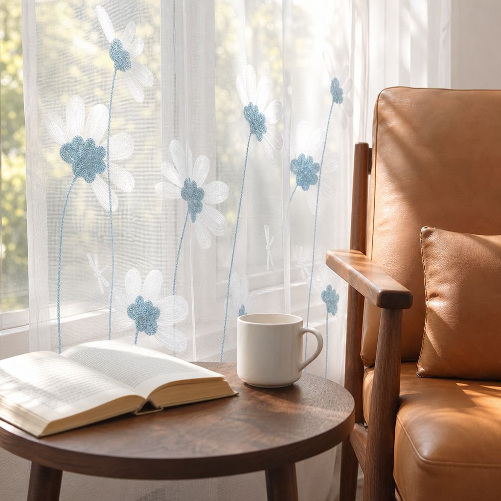 Window screen with chrysanthemum embroidery, simple and transparent modern fabric, suitable for livi