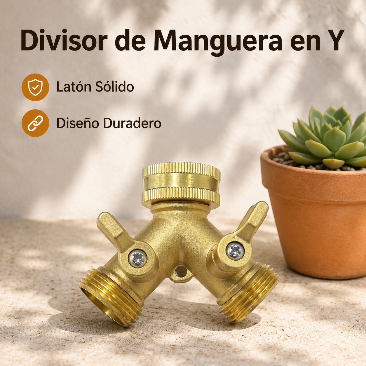 Distribuidor bidireccional tipo Y de latón con dos válvulas independientes para grifos.