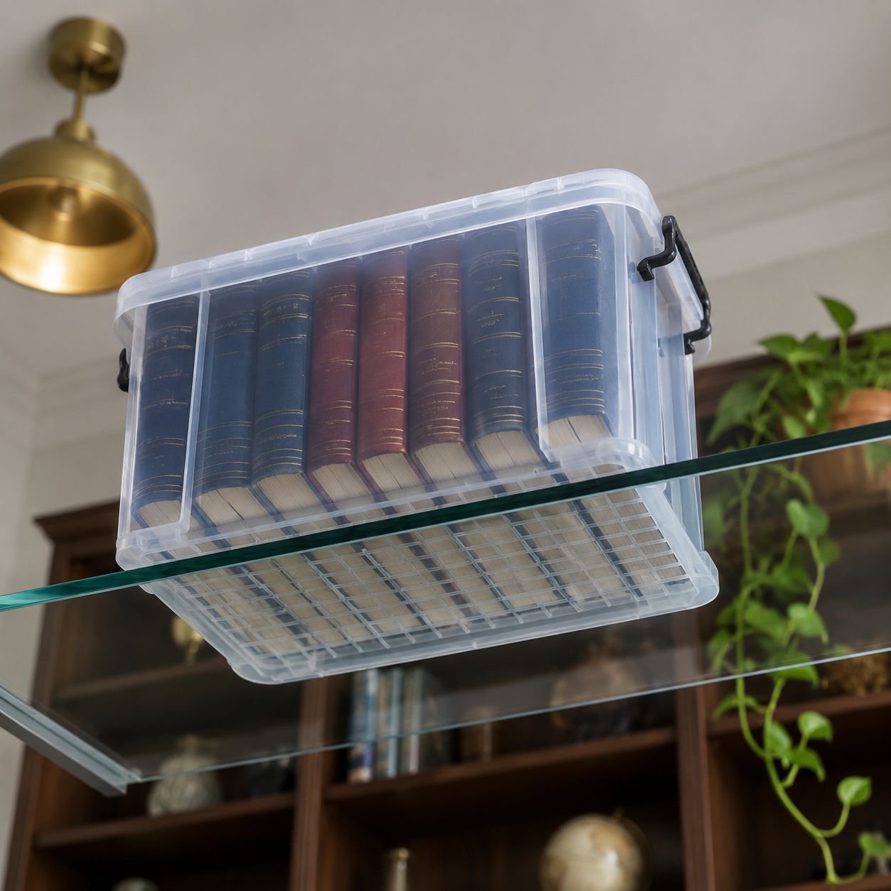 Durable clear plastic storage bin for corners