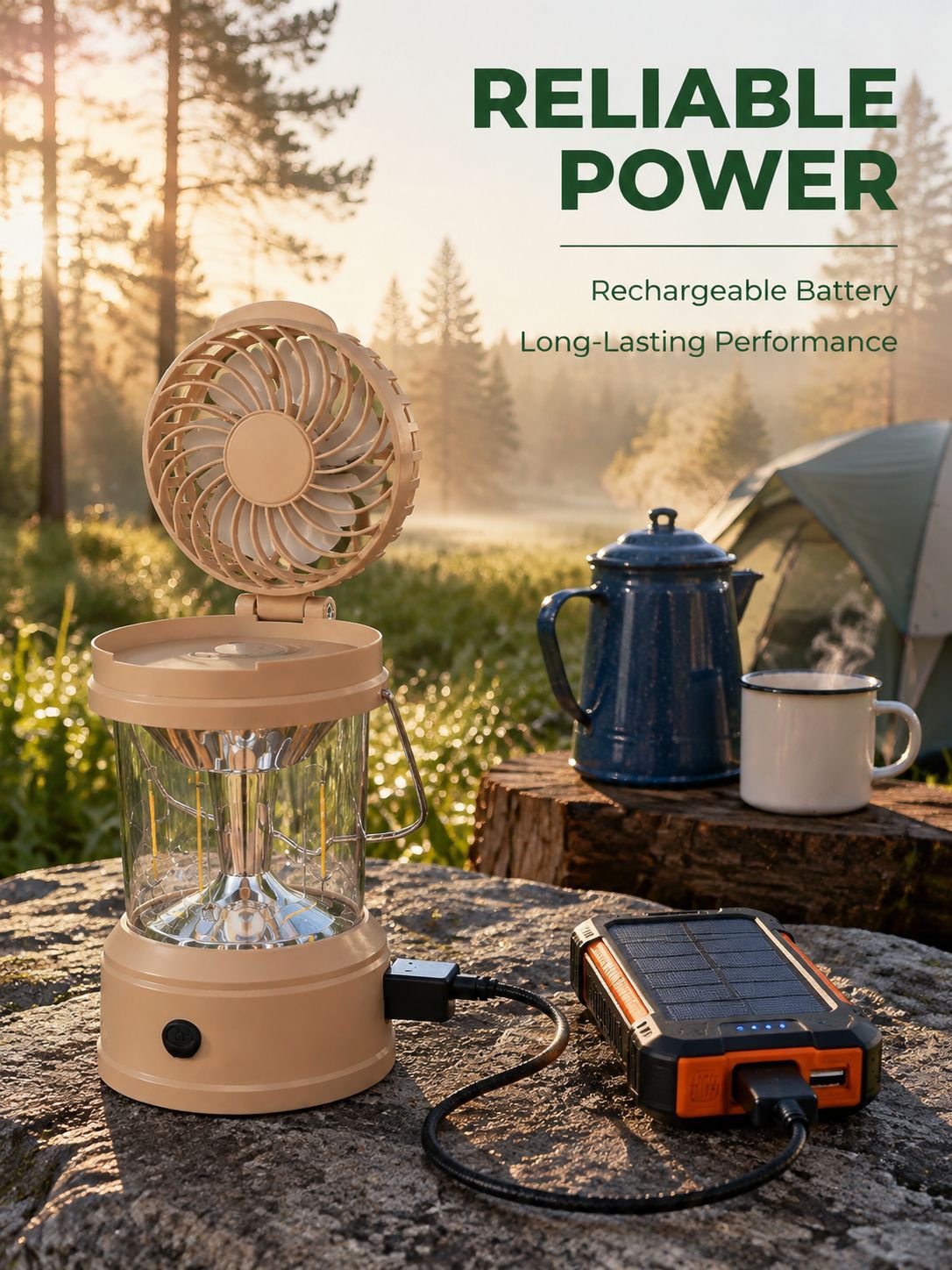 Illustration showing LED light and fan settings on camping lantern