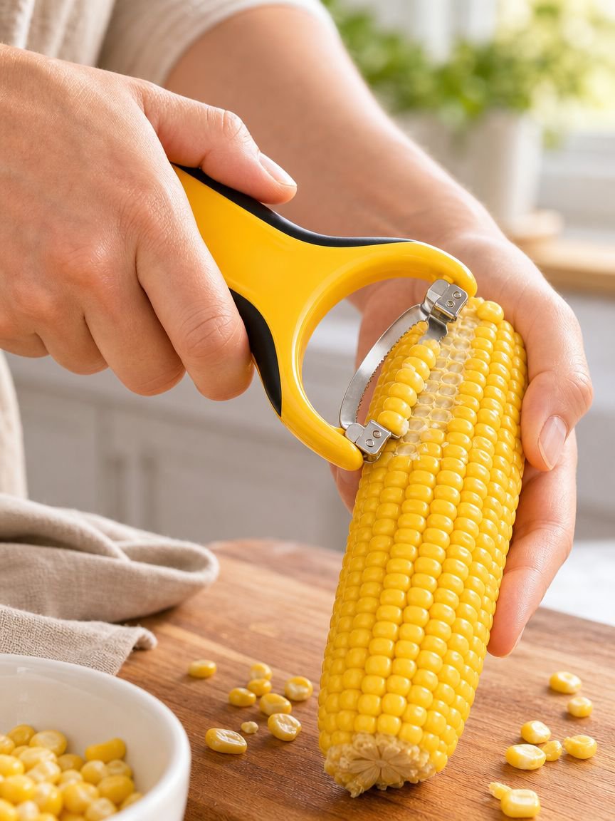 Manual corn kernel peeler in use on fresh corn