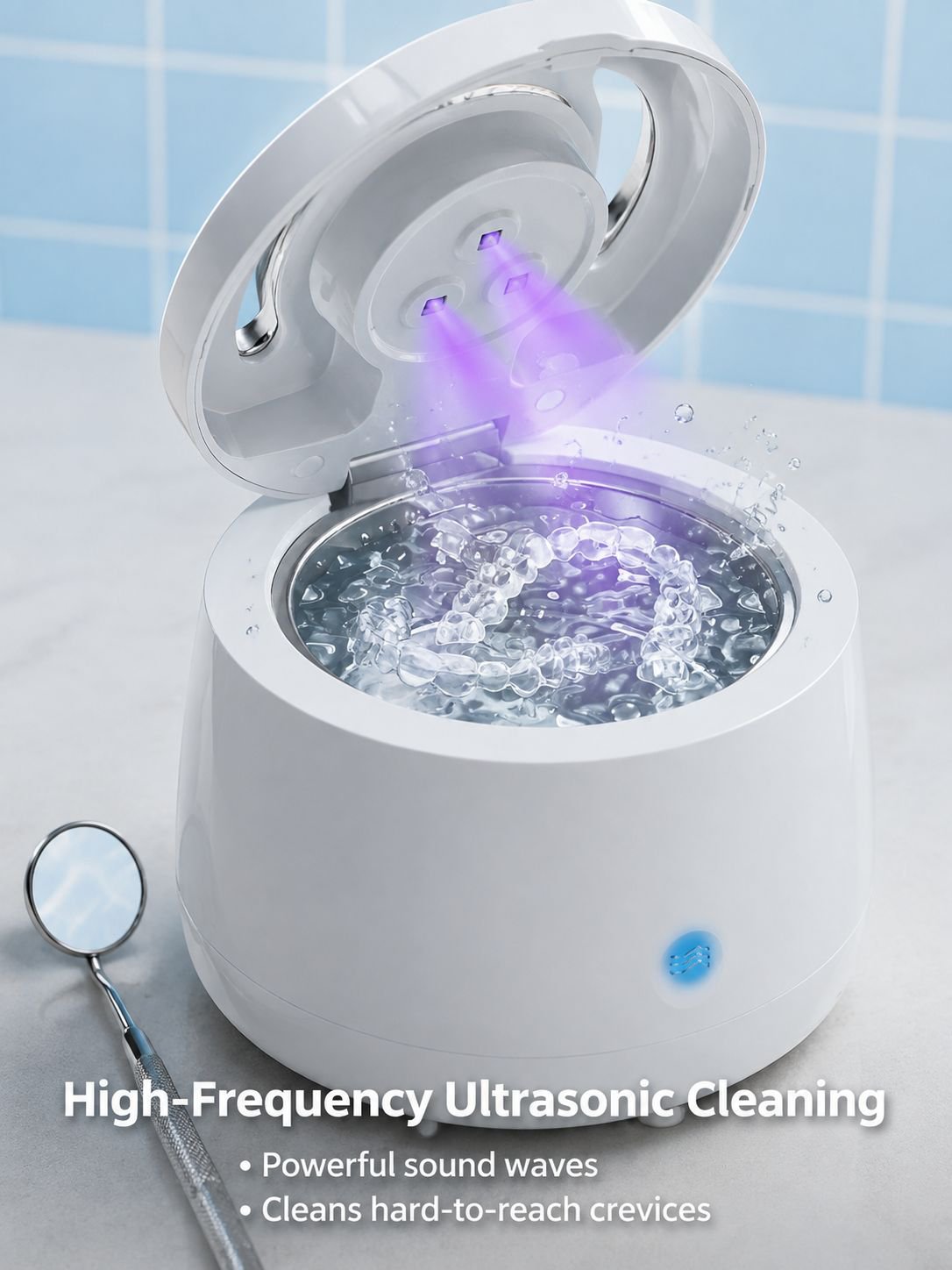 Sonic cleaner removing stains from dentures and retainers