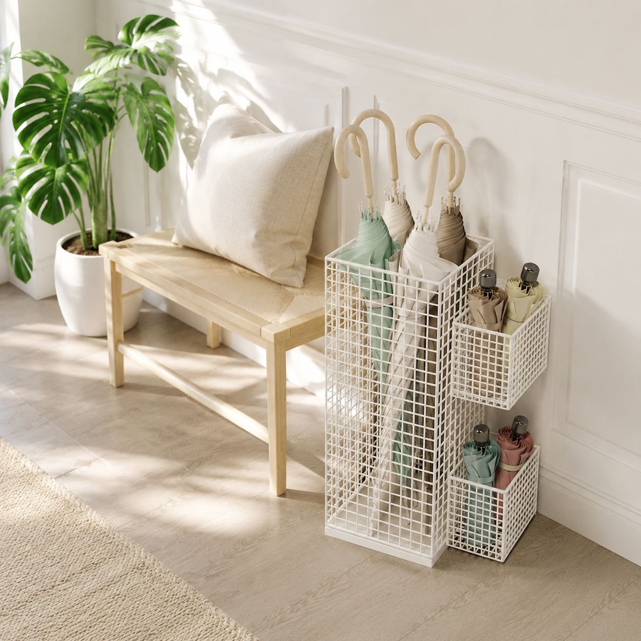 Space-saving umbrella stand for mudrooms