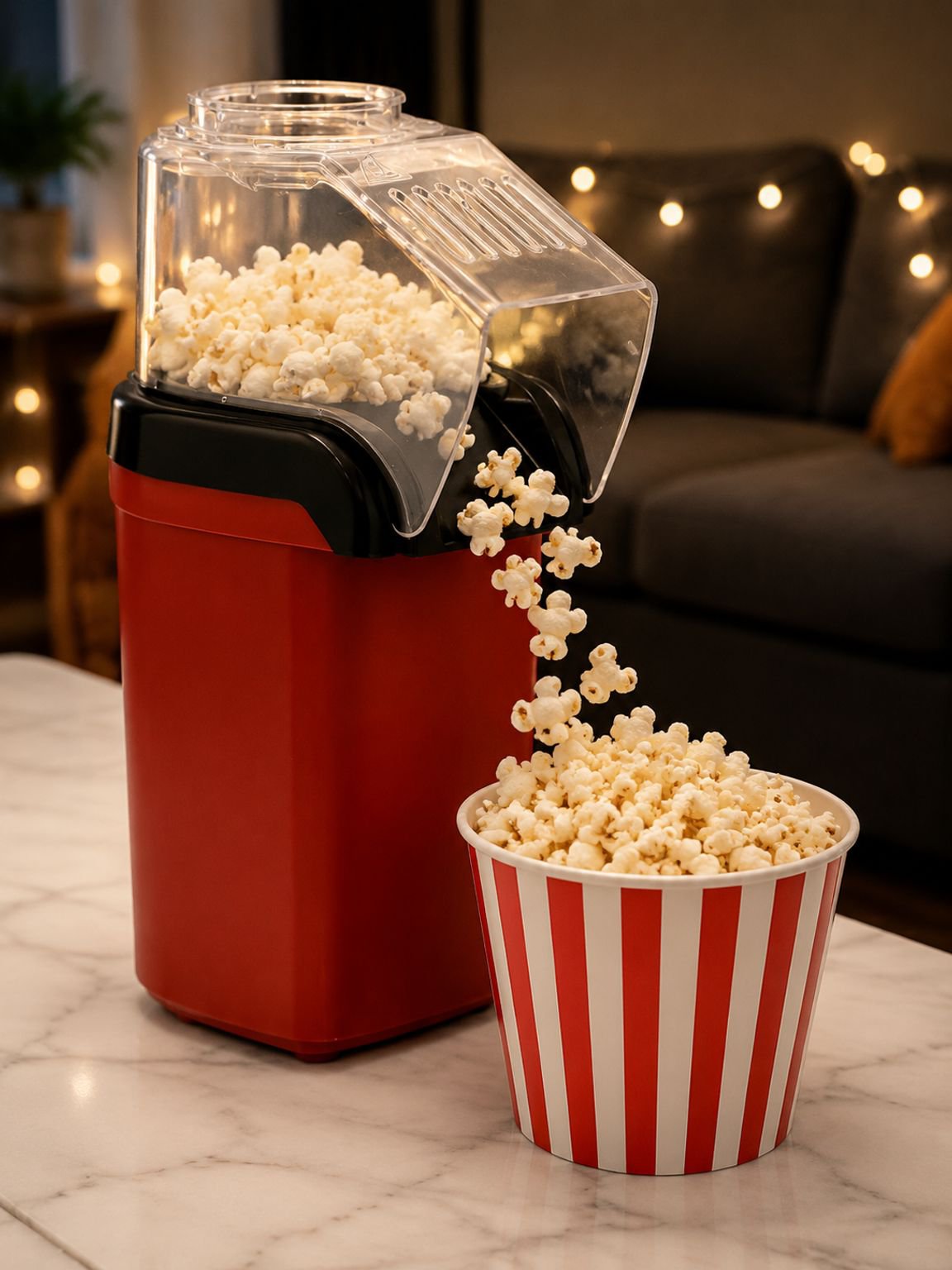 Hot air popcorn maker making fresh popcorn