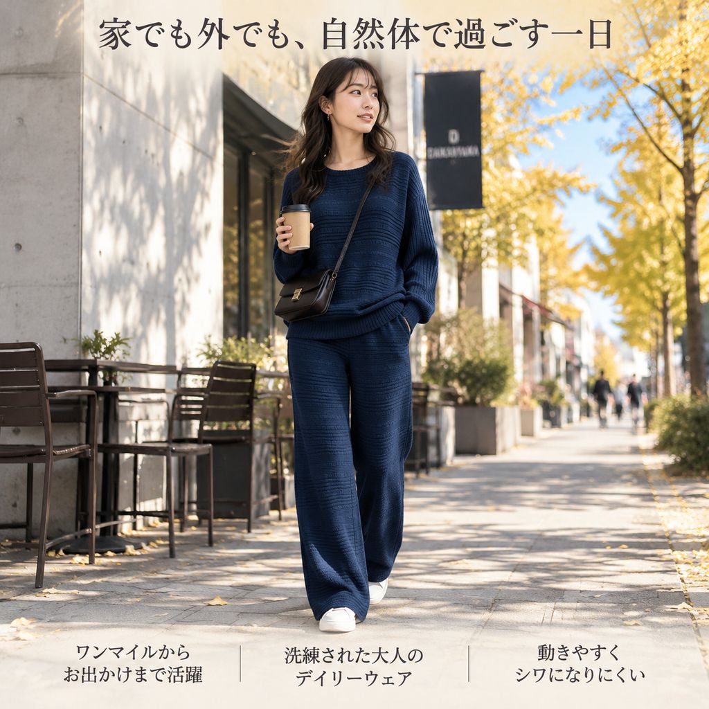 レディース 秋冬 リブニット セットアップ 長袖トップス ワイドパンツ 2点セット カジュアル