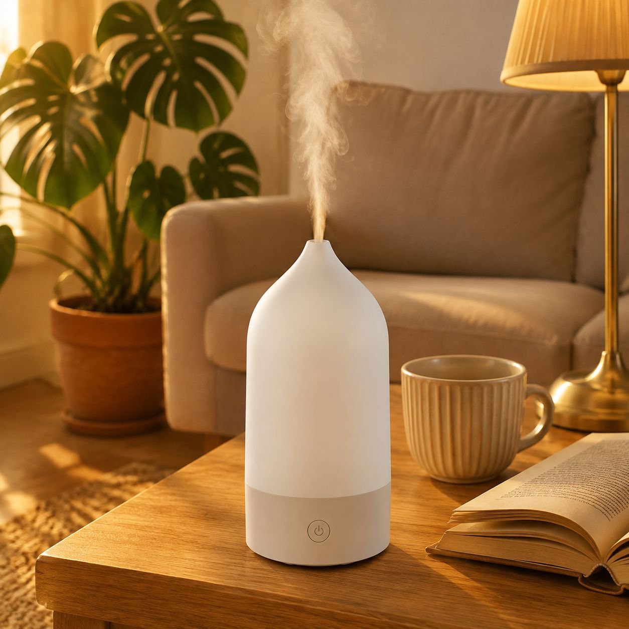 Stylish home decor with essential oil diffuser and ambient lighting