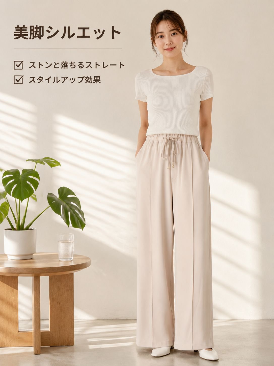 ドレープ感のあるストレートレッグのレディースカジュアルパンツ、ハイウエストのレディースカジュアルパンツ
