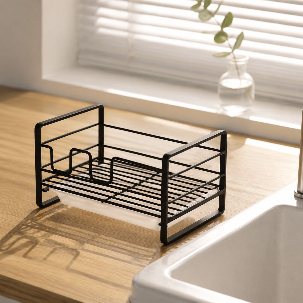 Efficient kitchen sink caddy for soap, sponge, and steel wool