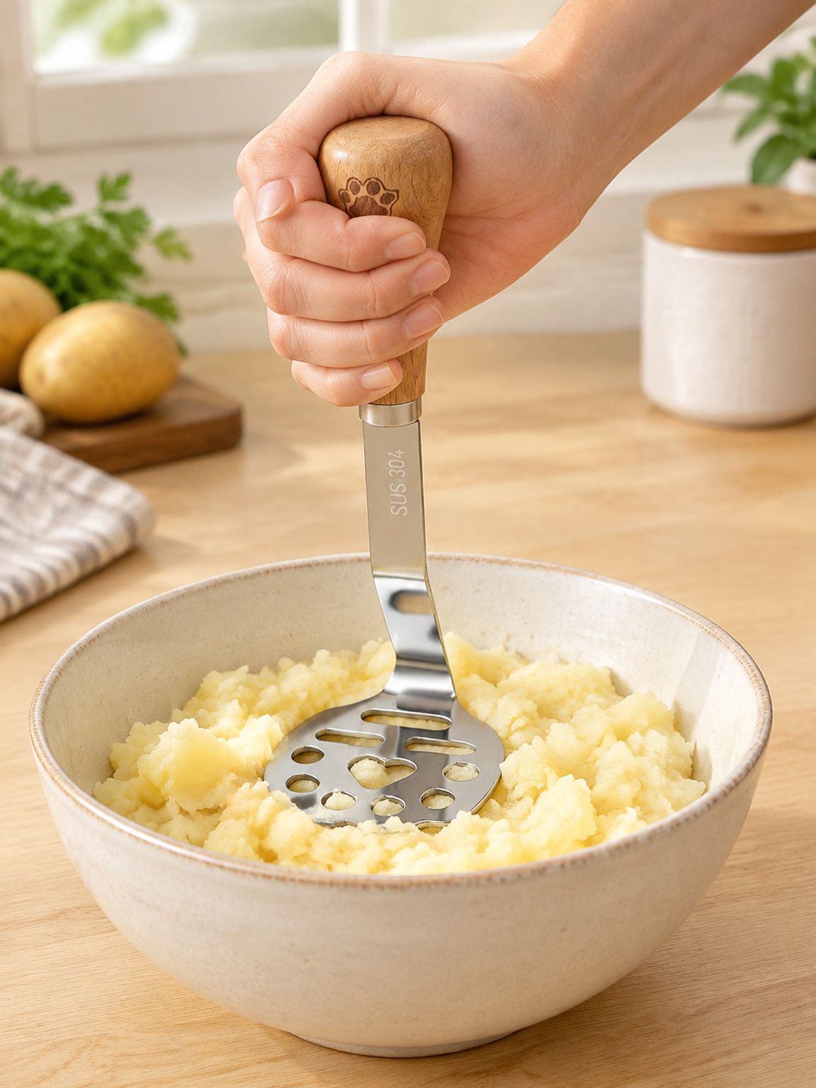 Detalle del mango ergonómico de la prensa para puré