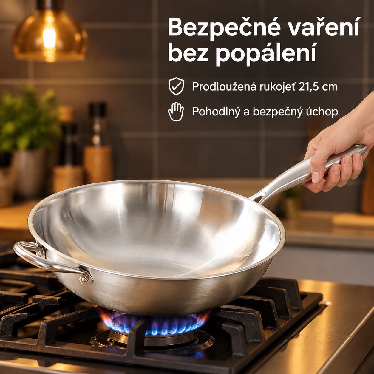 Zesílená pánev Wok z nerezové oceli 316 bez povrchové úpravy, pro indukci a plyn