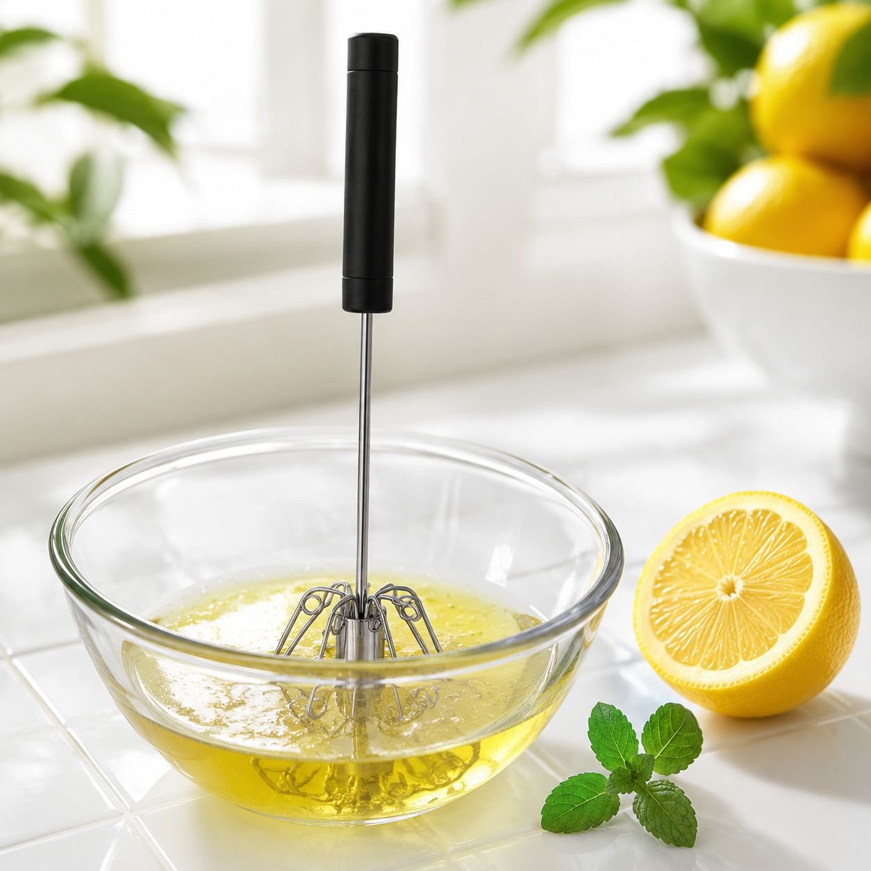 Hand using manual egg beater for baking preparation